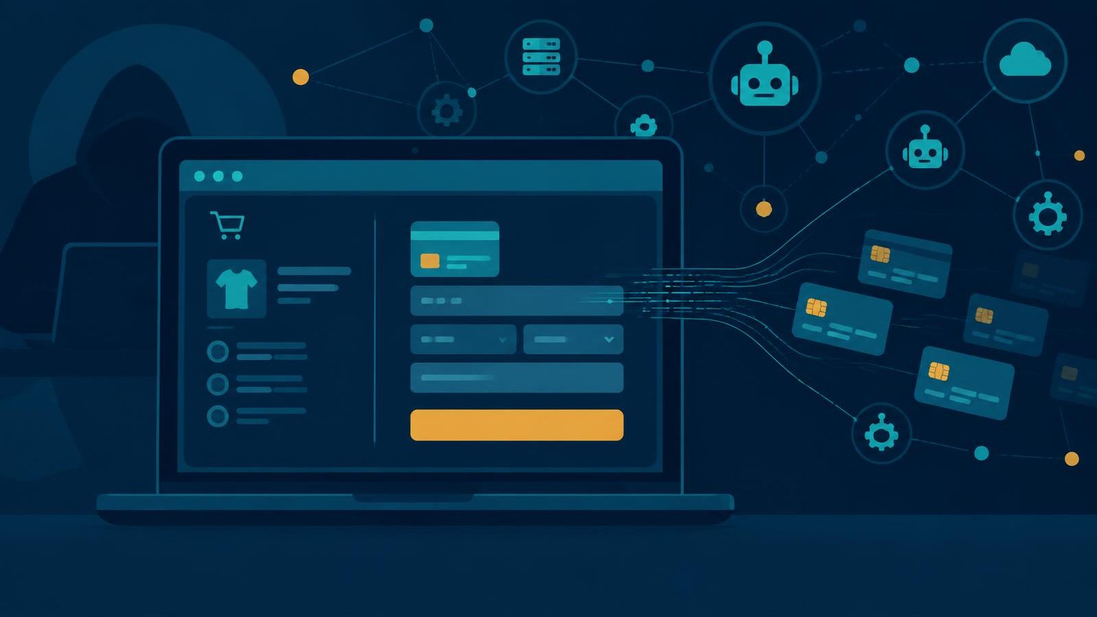 Ilustração de uma página de pagamento de uma loja online com dados de cartões a serem desviados para uma rede de servidores automatizados