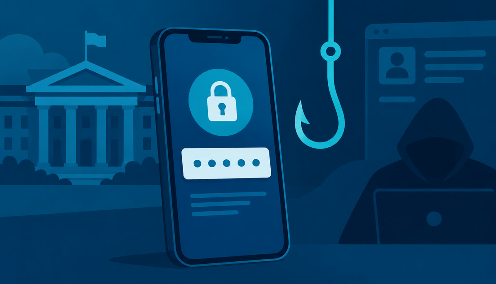 Ilustração de um telemóvel com um ecrã de código de autenticação e um cadeado, com um anzol de phishing ao lado, sobre o tema da Chave Móvel Digital.