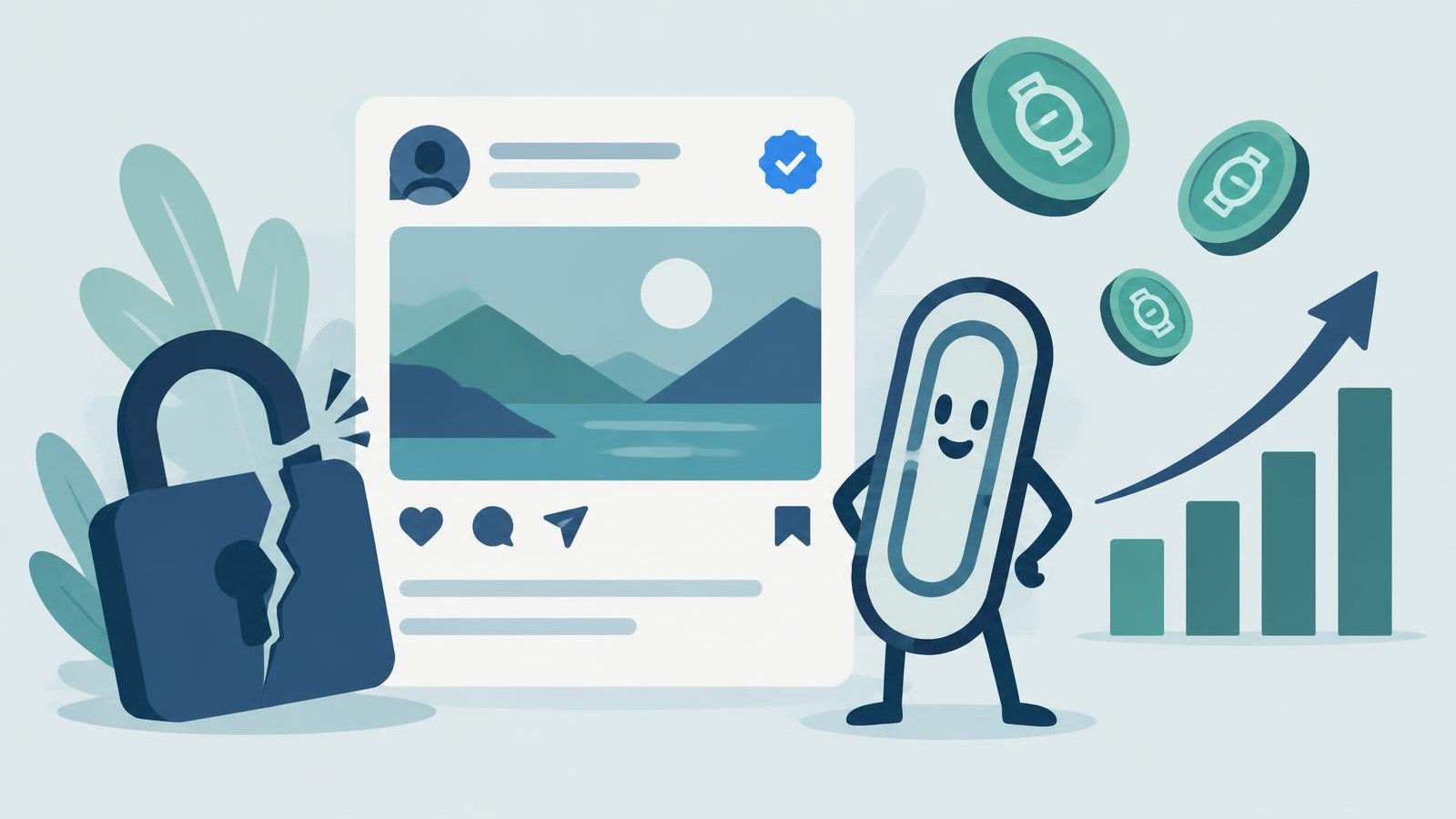 Ilustração de uma publicação numa rede social com selo de verificação, um cadeado partido, uma personagem em forma de clip e moedas digitais junto a um gráfico em subida