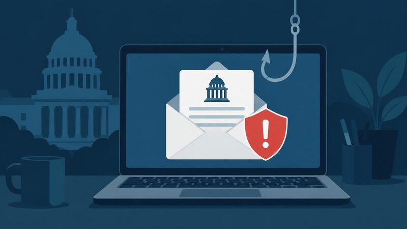 Ilustração editorial: computador portátil com um email oficial falso e um anzol de phishing ao lado de um escudo de aviso.