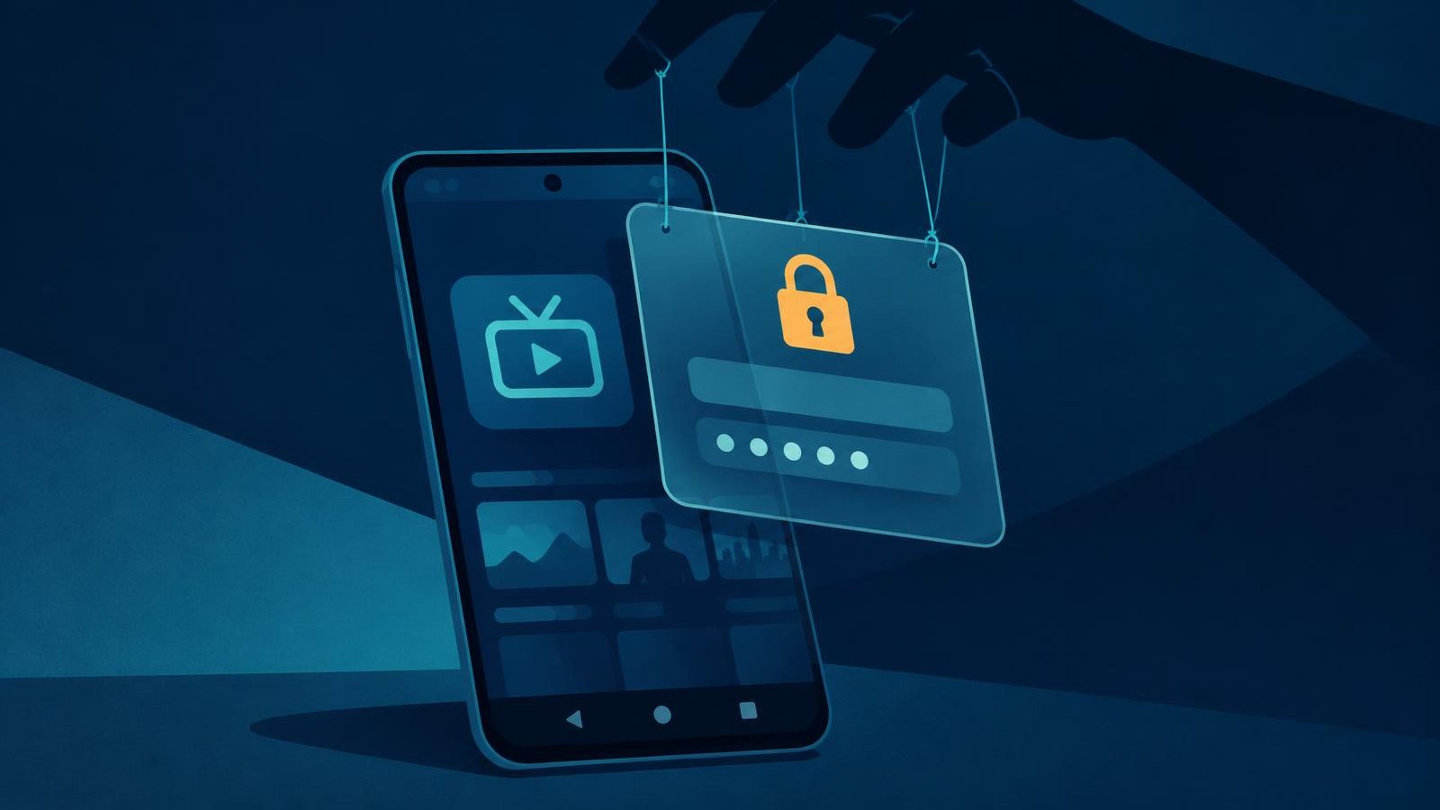 Ilustração de um telemóvel Android com uma app de televisão, sobre o qual um falso ecrã de login bancário é manipulado como uma marioneta