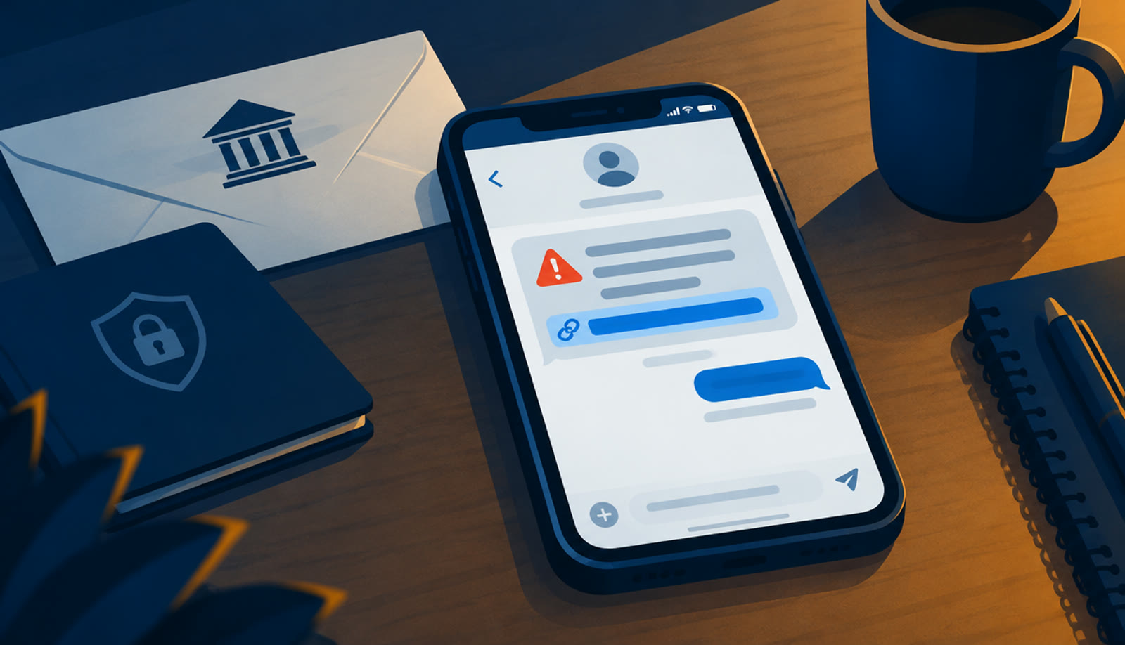 Ilustração de um telemóvel com uma SMS fraudulenta que ameaça suspender subsídios da Segurança Social e mostra um link suspeito.
